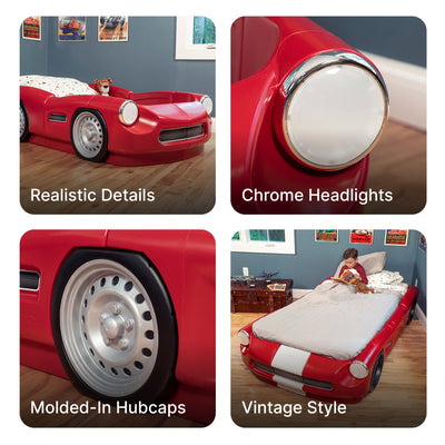 Roadster Toddler-To-Twin Bed™ - Red with chrome headlights and molded in hubcaps