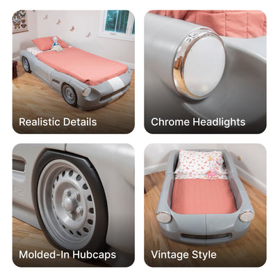 Roadster Toddler-To-Twin Bed™ - Gray with chrome headlights and molded-in hubcaps