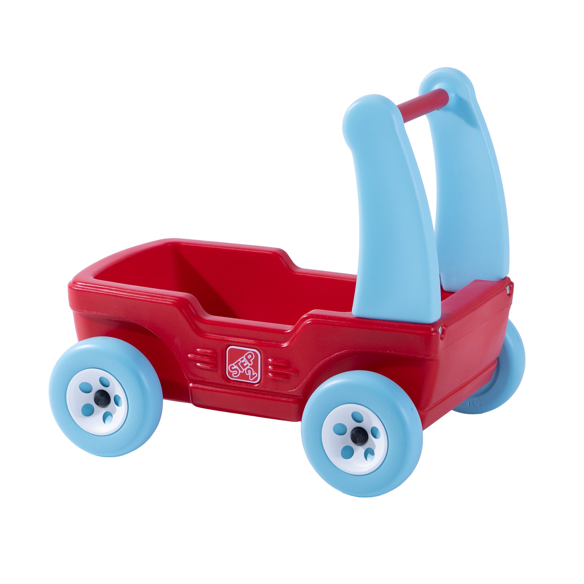 Step2 Walk Around Wagon in red with blue U-shaped push handle and chunky wheels, white background