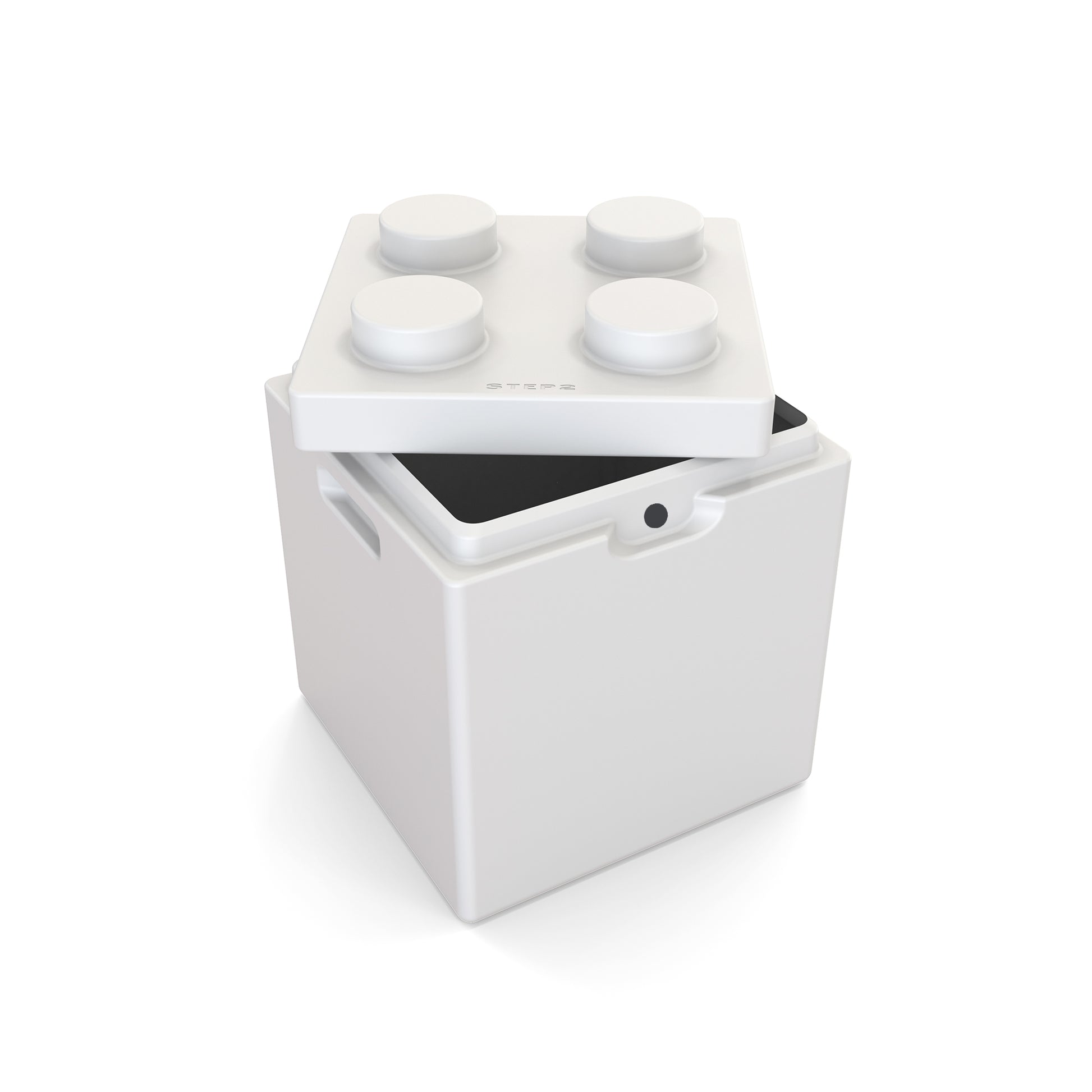 Contemporary Builders Toy Box in white — 3D product render with lid slightly open, on white background