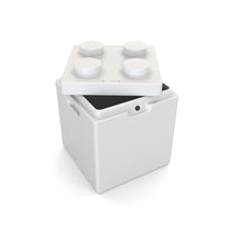 Contemporary Builders Toy Box in white — 3D product render with lid slightly open, on white background