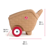 My First Picnic Basket dimensions — 22 in long x 16 in tall x 14.4 in wide; tan wicker-texture basket on red wheels; white background