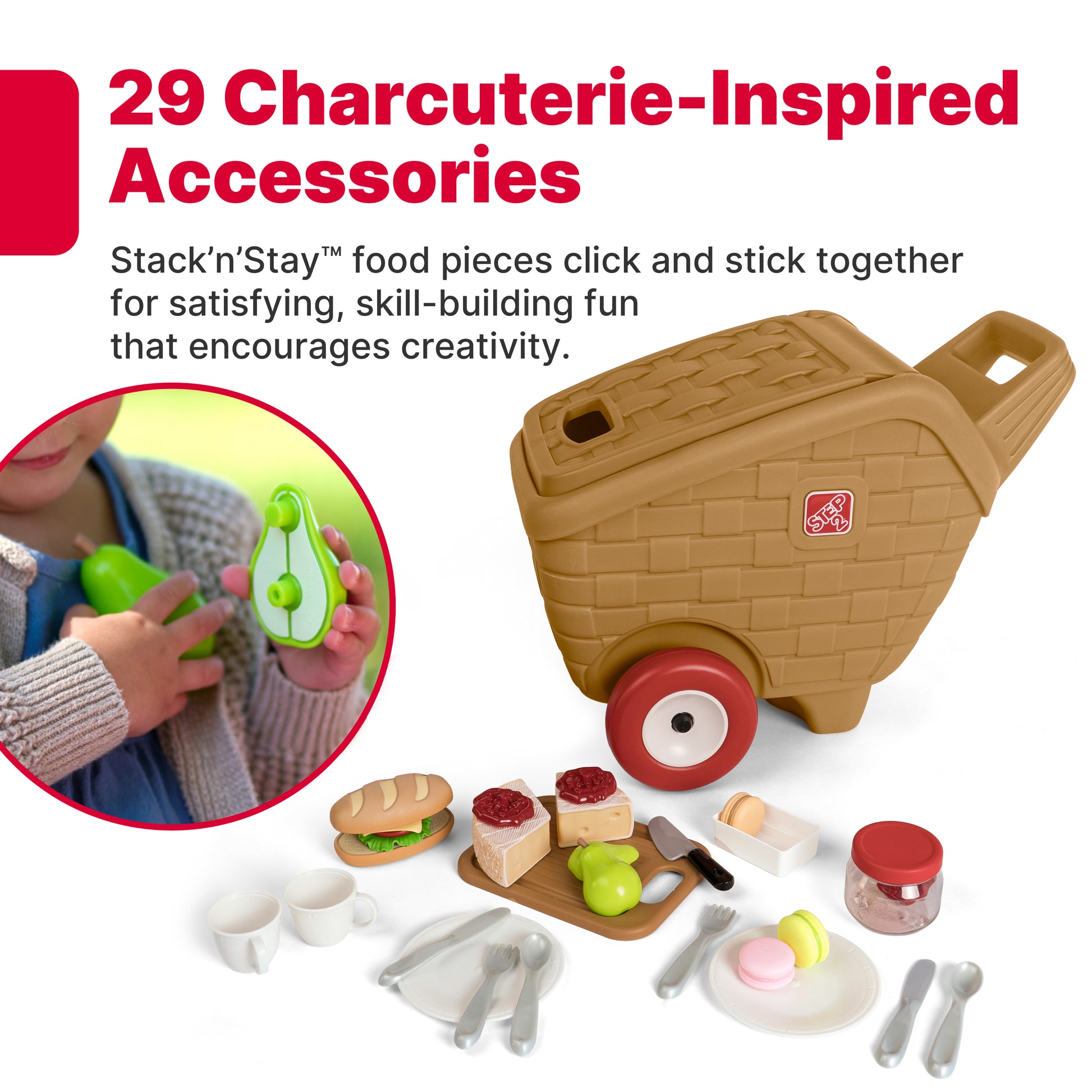 29 Charcuterie-Inspired Accessories — Stack'n'Stay food pieces click and stick together; inset of child snapping toy avocado halves; My First Picnic Basket and accessories on white background