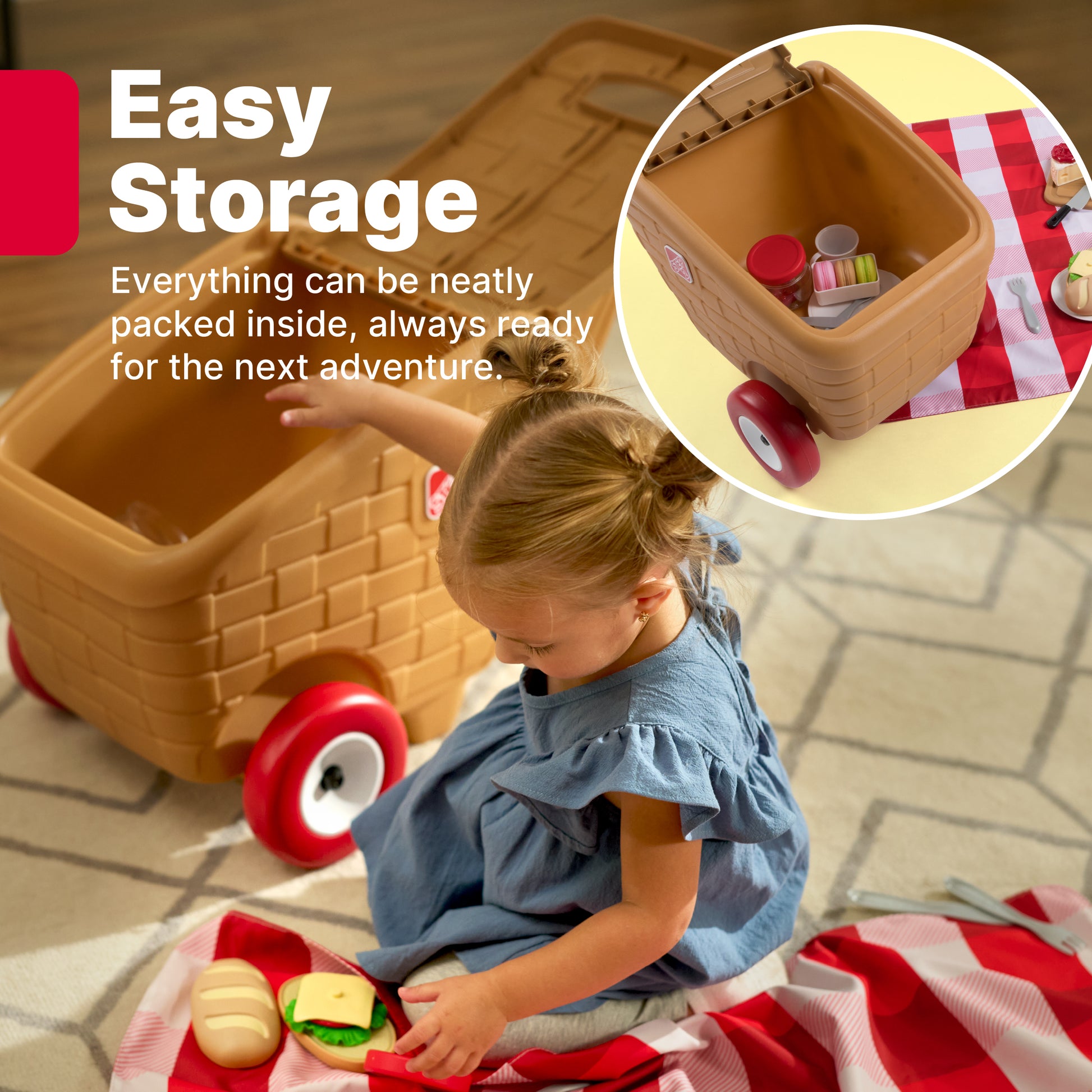 Easy Storage — girl packing toy picnic accessories into open basket; inset shows overhead view of packed basket on checkered mat; white background