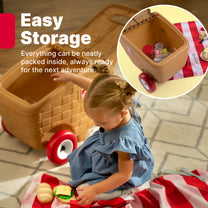 Easy Storage — girl packing toy picnic accessories into open basket; inset shows overhead view of packed basket on checkered mat; white background
