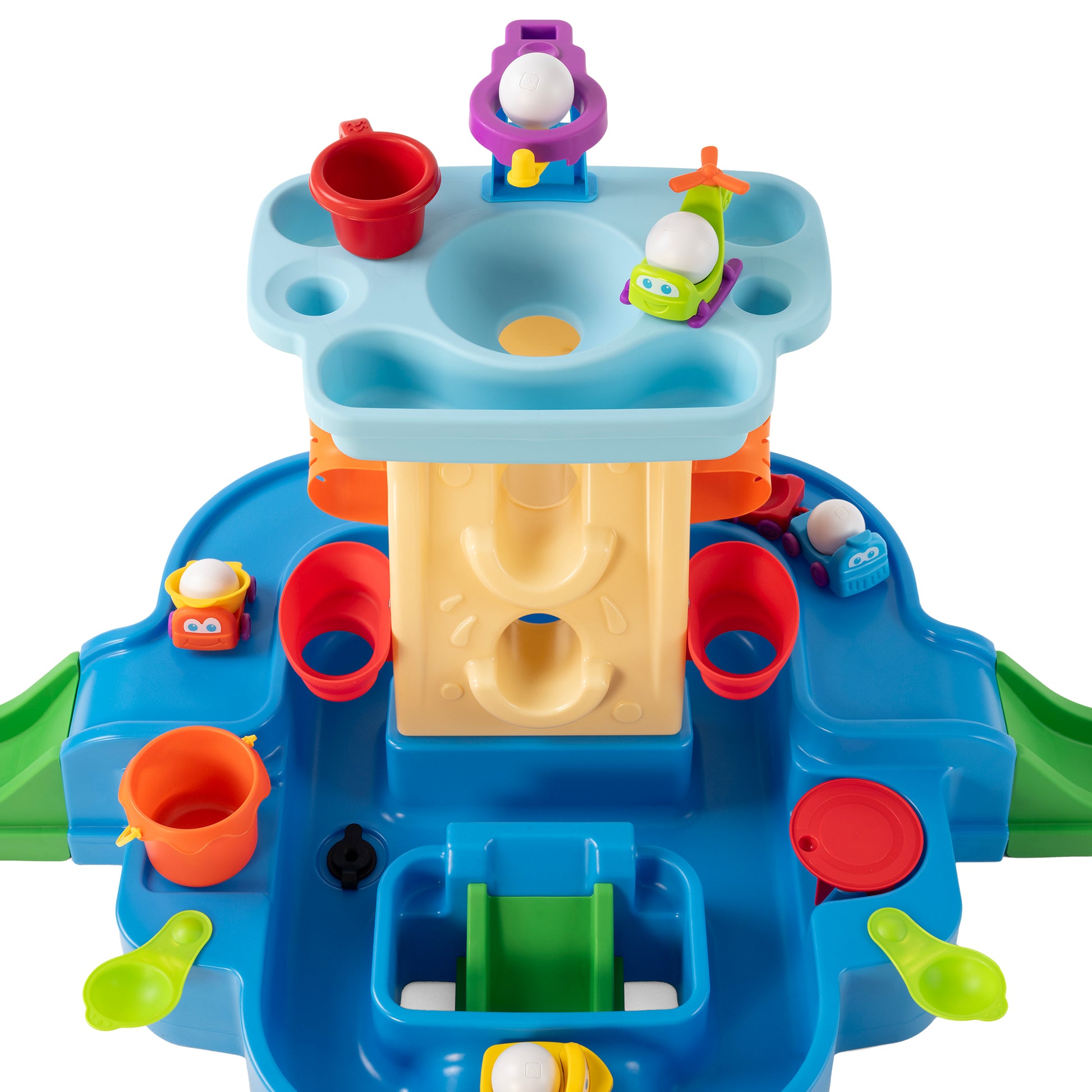 Putt & Splash Adventure Center™ close-up of upper water play area with spinning toy figures in cup holders