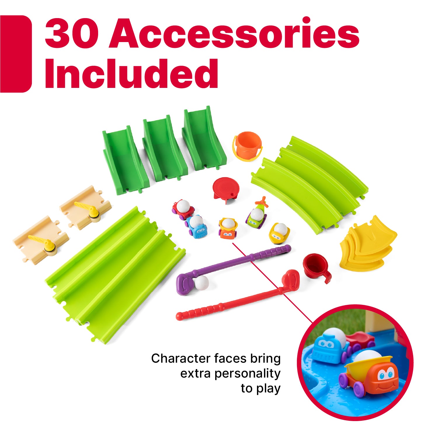 30 Accessories Included — flat-lay of all Putt-Splash Adventure Center pieces: green straight and curved fairway tracks, tan wood-look tracks, yellow windmill obstacles, character vehicles with faces, white balls, two putters, red cup; "Character faces bring extra personality to play"