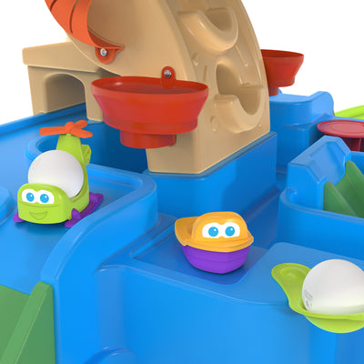 Close-up view of the Step2 kids multi color Putt & Splash Adventure Center ball holder floating boats accessories