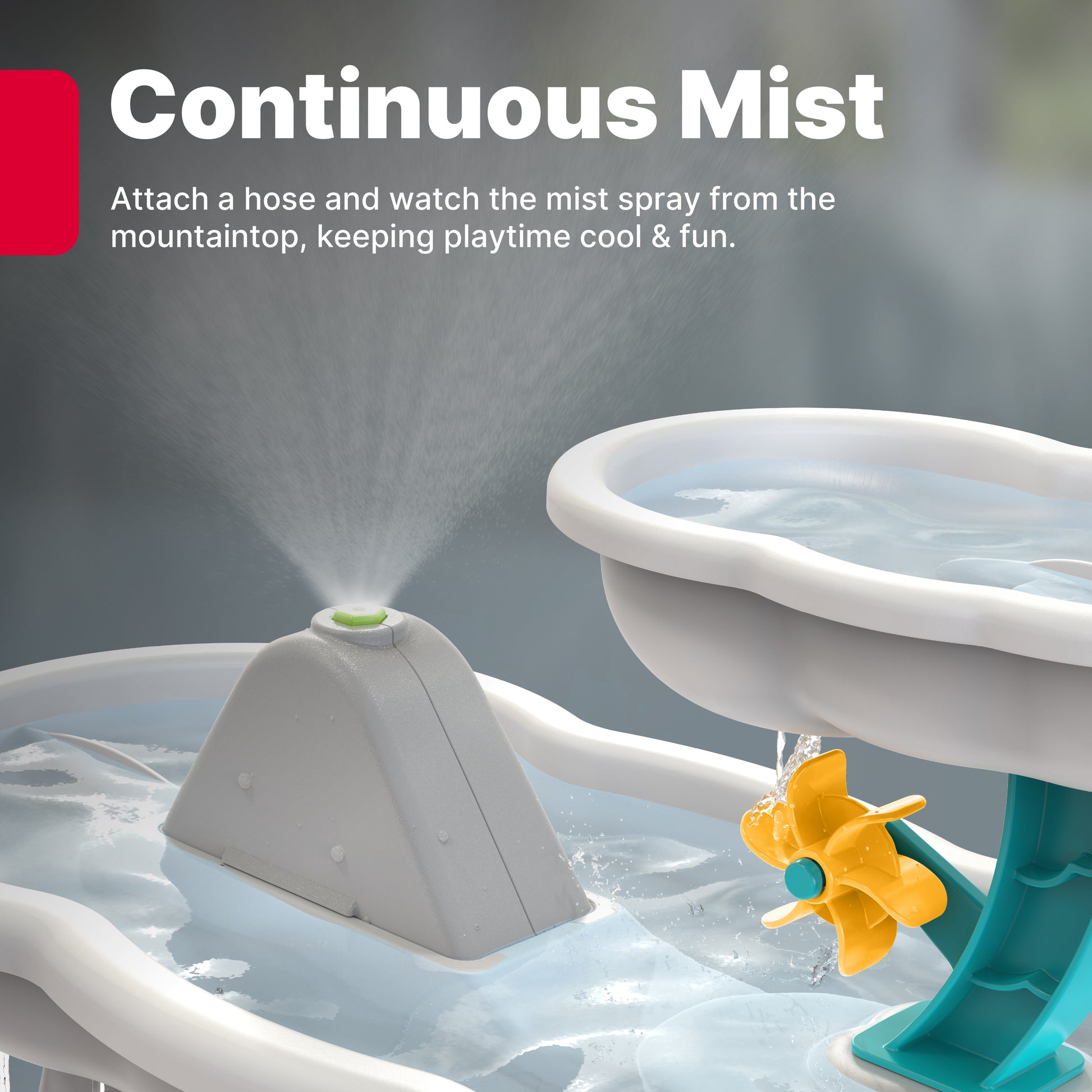 Misting Mountain Waterfall continuous mist feature showing water spraying from mountaintop nozzle