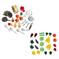 Garden Fresh Kitchen™ complete accessories flat lay — all cookware, utensils, pots, produce crate, and watering can together with all play produce and food items on white background