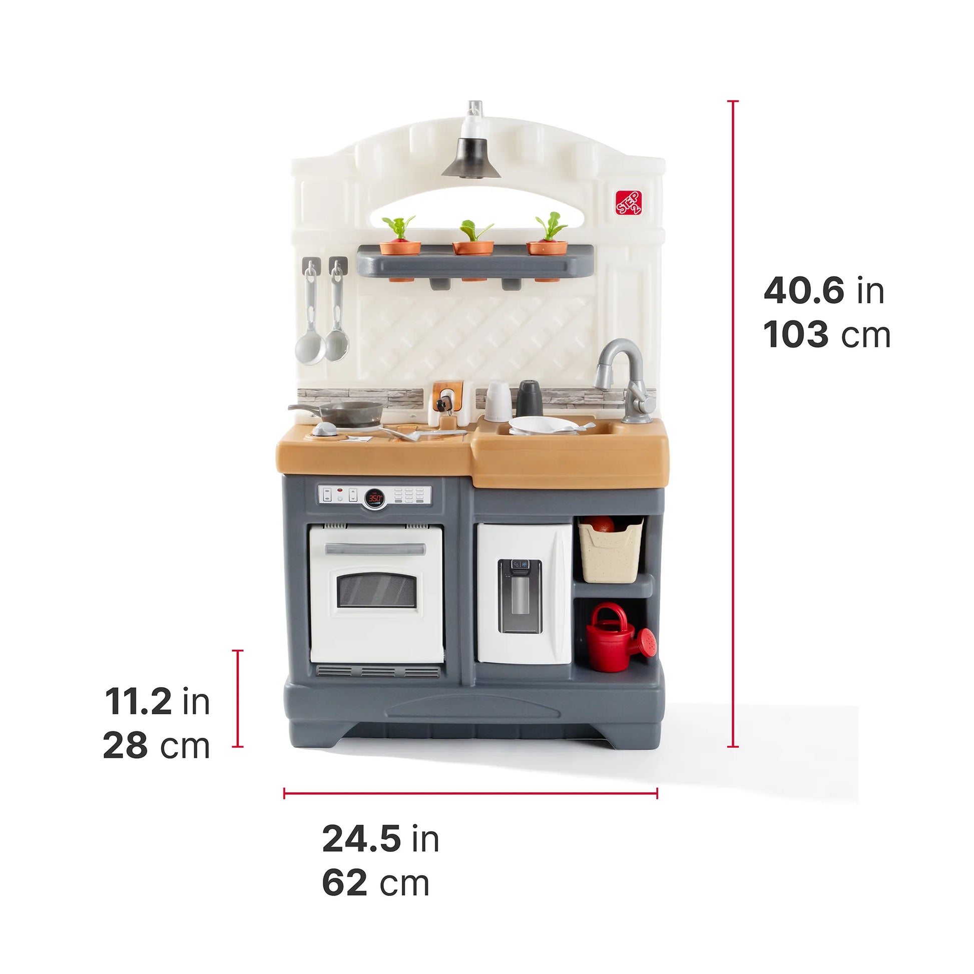 Garden Fresh Kitchen™ dimensions — 40.6 in / 103 cm tall, 24.5 in / 62 cm wide, 11.2 in / 28 cm deep