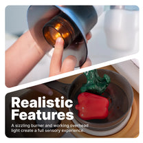 "Realistic Features" — split image: child pressing the Garden Fresh Kitchen™ working overhead lamp button; frying pan with play broccoli and red pepper on burner; "A sizzling burner and working overhead light create a full sensory experience"