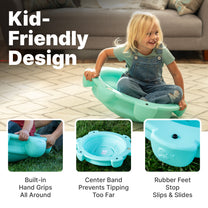 Topsy Turtle Kid-Friendly Design — toddler girl spinning on disk indoors; below: built-in hand grips, center band prevents tipping, and rubber feet callouts