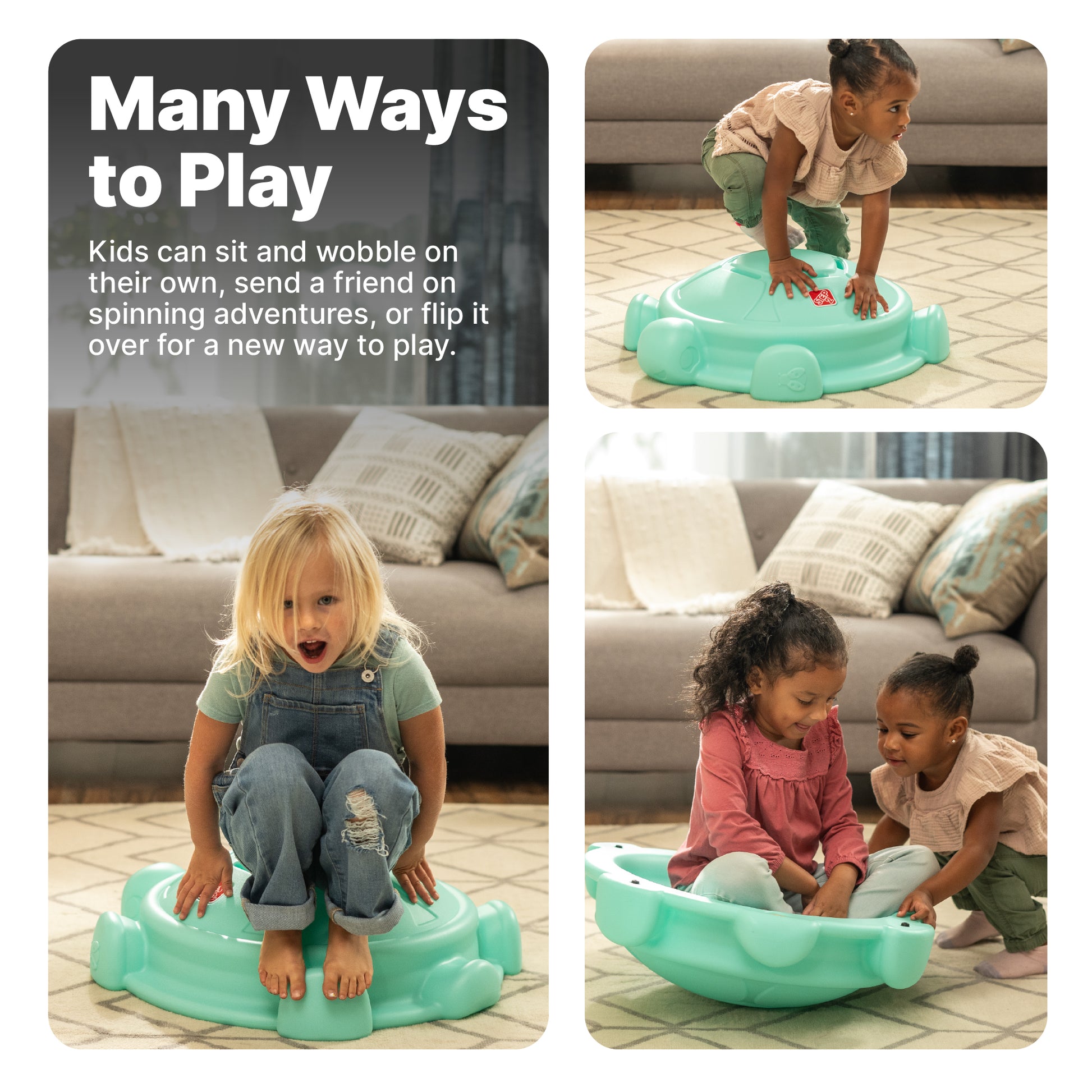 Topsy Turtle Many Ways to Play — toddler crawling on top, girl rocking solo, and two girls exploring flipped disk