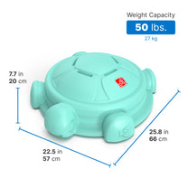 Topsy Turtle dimensions — 25.8 in long, 22.5 in wide, 7.7 in tall; Weight Capacity 50 lbs, on white background