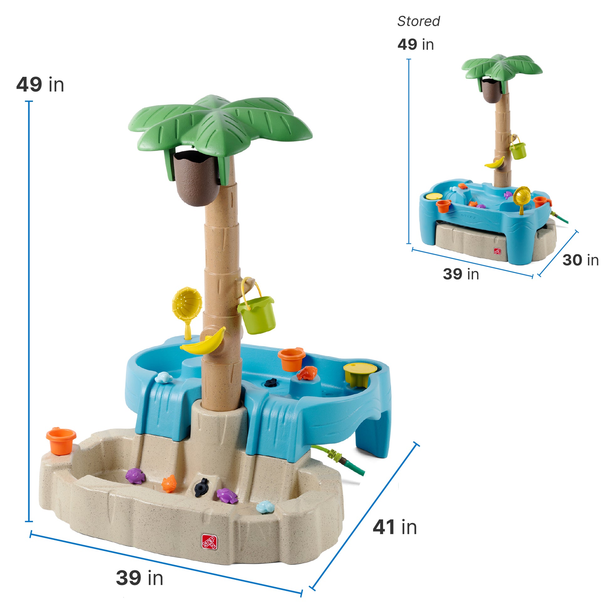 Tropical Splash Water Park™ dimensions — assembled: 49 in tall, 39 in wide, 41 in deep; stored: 49 in tall, 39 in wide, 30 in deep
