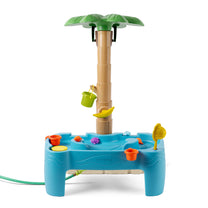 Back view of the Tropical Splash Water Park™ square blue water table section showing the hose hookup port and drain; white background