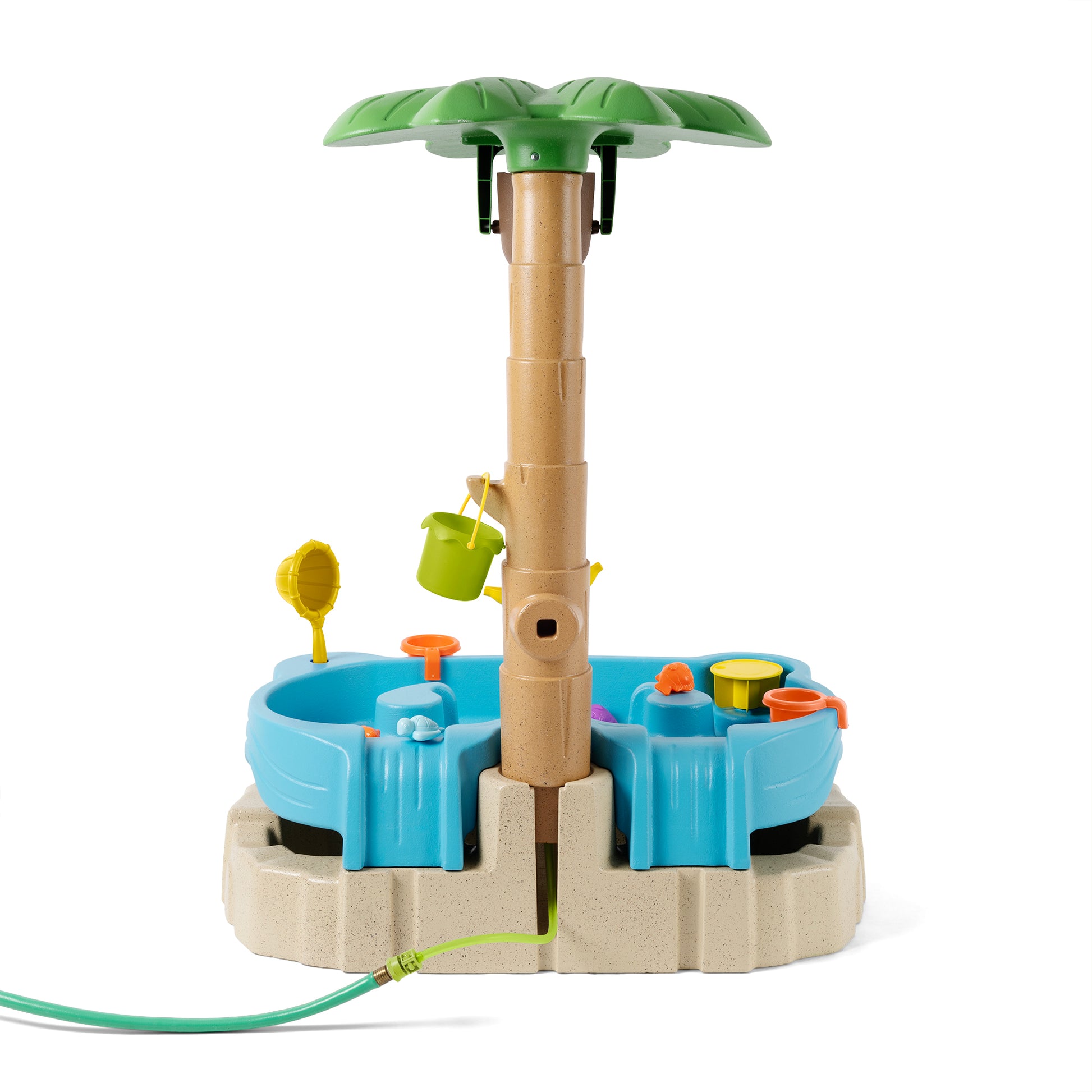 Back/side view of the full Tropical Splash Water Park™ showing the hose connection port and palm tree column; white background