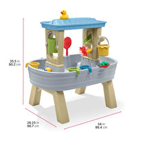 Rain Showers Splash Station Water Table™ dimensions — 35.5 in / 90.2 cm tall, 26.25 in / 66.7 cm wide, 34 in / 86.4 cm long