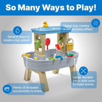 "So Many Ways to Play!" — Rain Showers Splash Station Water Table™ features infographic with callouts for the upper rain tray, large lower basin, and included accessories