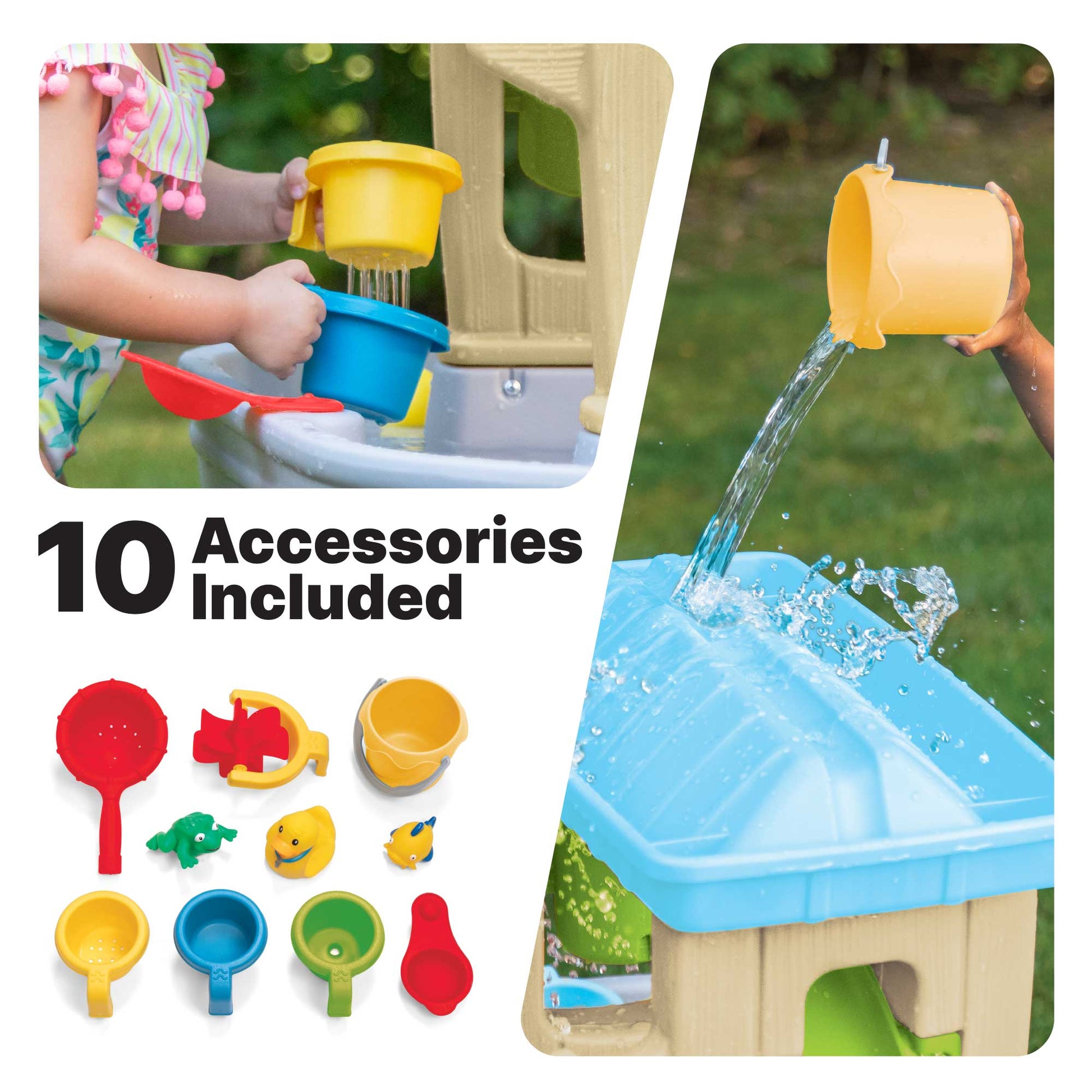 "10 Accessories Included" — Rain Showers Splash Station Water Table™ being enjoyed by girl pouring water into upper rain tray while boy holds yellow cup at basin level; inset shows all 10 included accessories