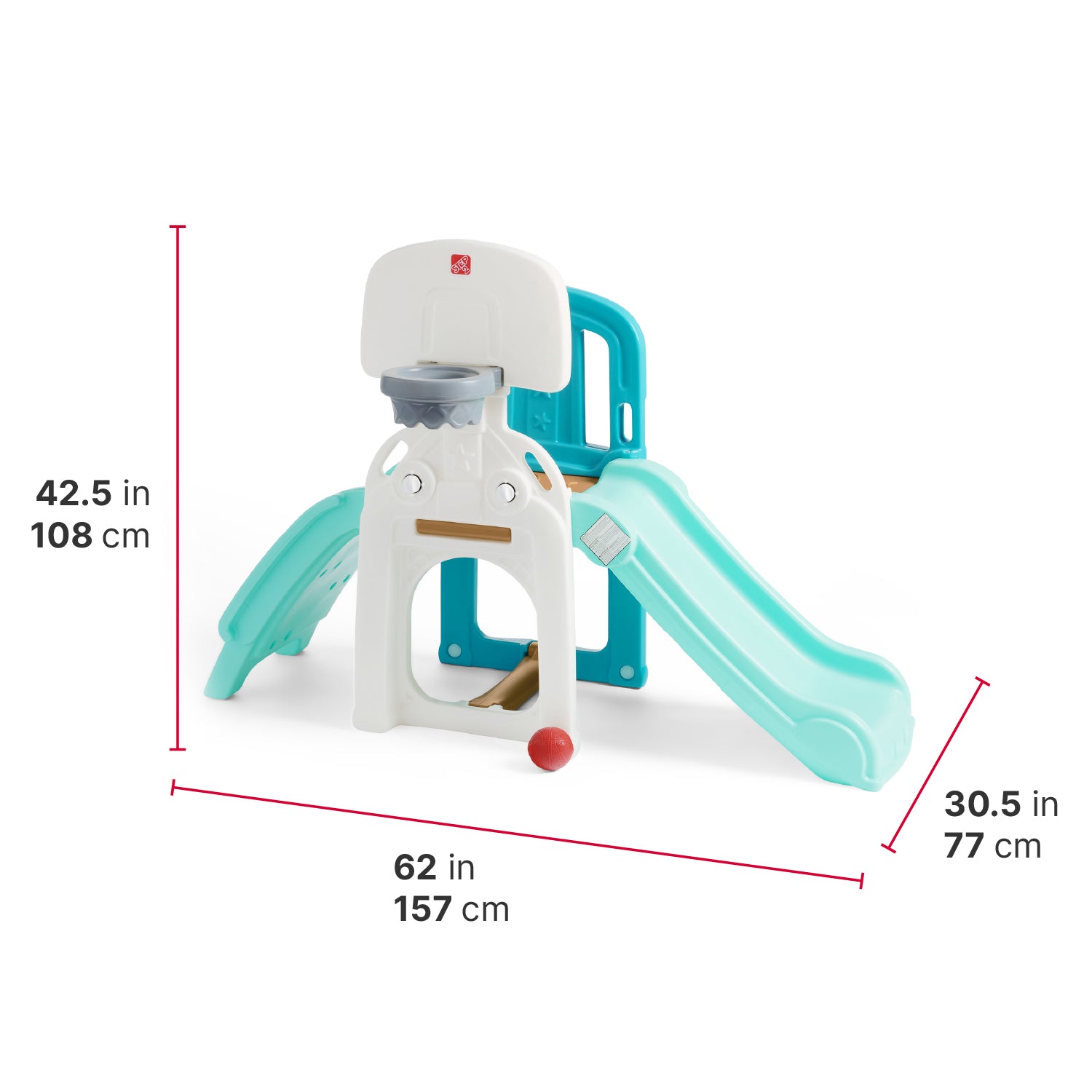 All Star Activity Center™ dimensions — 42.5 in / 108 cm tall, 62 in / 157 cm wide, 30.5 in / 77 cm deep; full product view with red ball