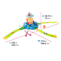 Putt-Splash Adventure Center dimensions — H 28.75 in / 73 cm; L 126 in / 320 cm; W 77.5 in / 196.8 cm; overhead view with four green fairways, blue and tan central tower, putters, and accessories; white background