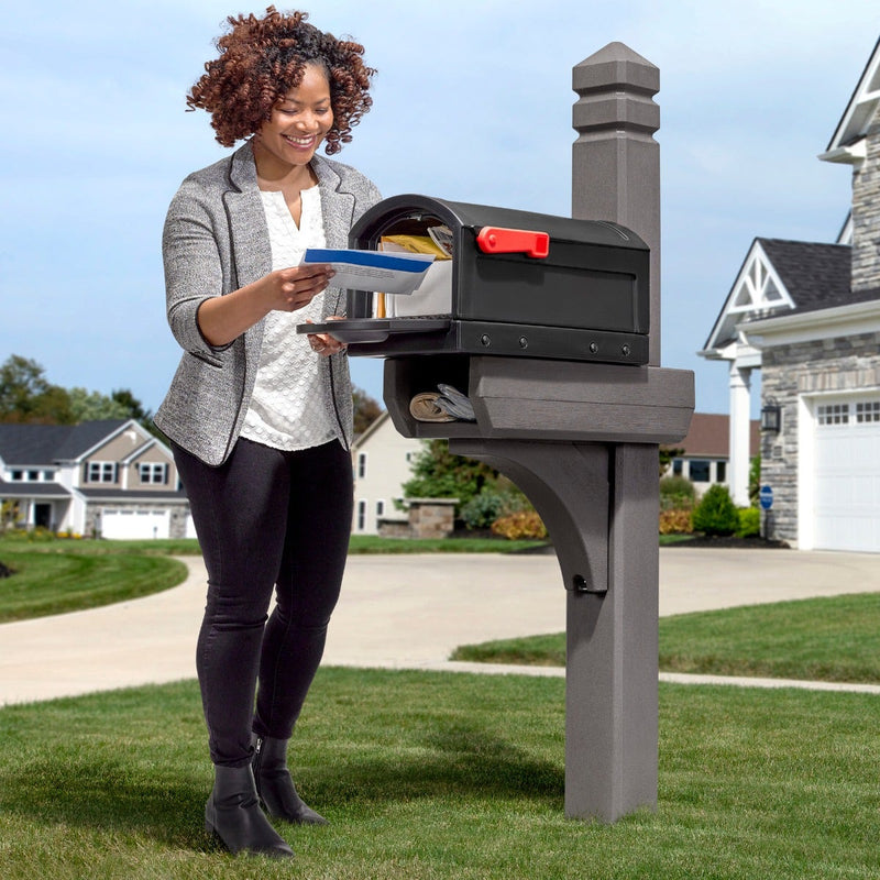Lakewood Mailbox & Post Kit with women retrieving her mail.