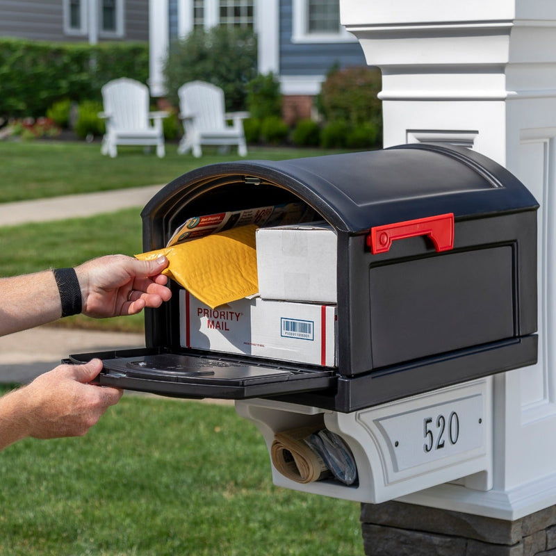 Town-to-Town XL Post-Mount Mailbox™ - Black  with person retrieving mail.