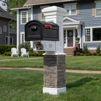 Town-to-Town XL Post-Mount Mailbox™ - Black shown in front of house