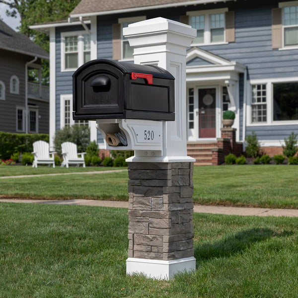 Town-to-Town XL Post-Mount Mailbox™ - Black shown in front of house