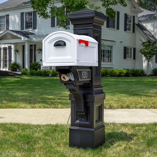 Town-to-Town XL Post-Mount Mailbox™ - White shown in front of house