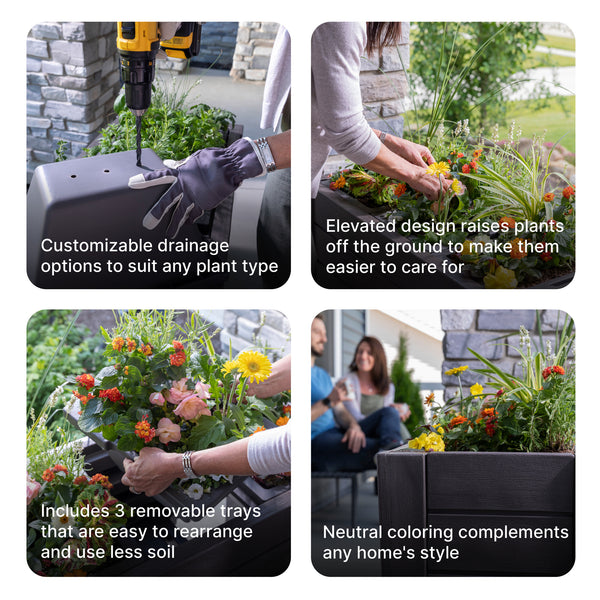 Lakewood Raised Planter - Dark Cedar customizable drainage options and 3 removable trays