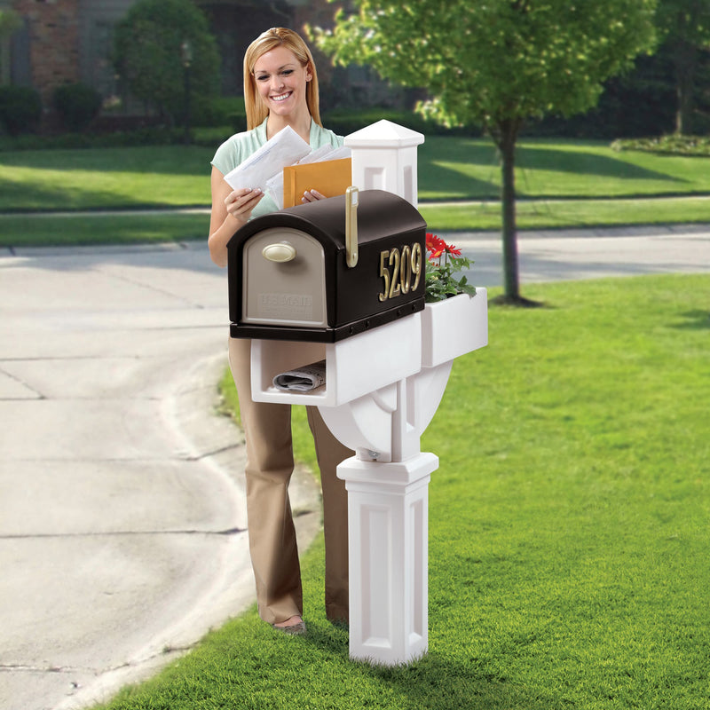 MailMaster™ Hudson Mailbox with Planter™ woman retrieving mail