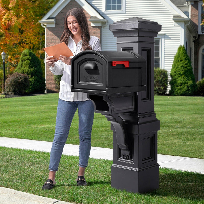 Atherton Grand™ Onyx Black Mail Post & XL Black Mailbox outdoors