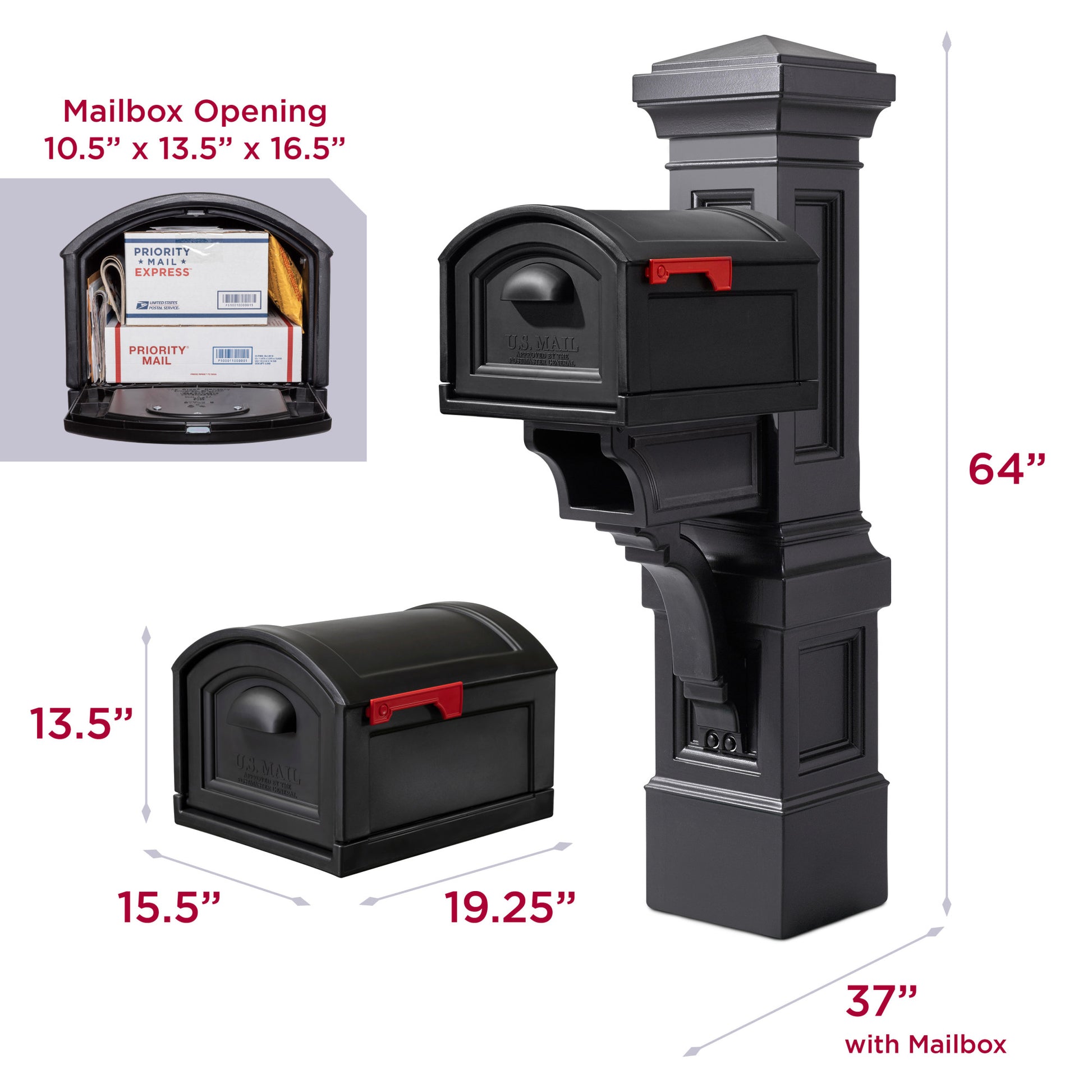 Atherton Grand Mail Post & XL Mailbox™ - Onyx Black dimensions