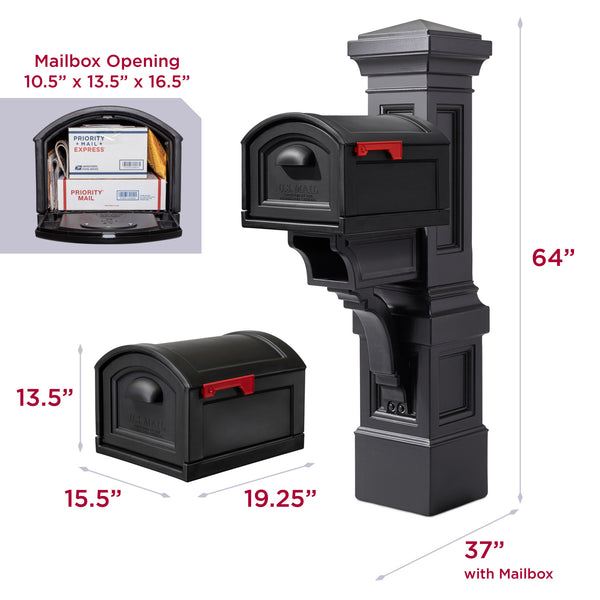 Atherton Grand Mail Post & XL Mailbox™ - Onyx Black dimensions