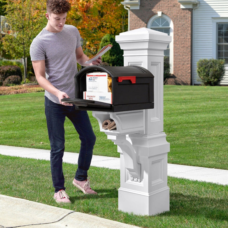 Atherton Grand™ Classic White Mail Post & XL Black Mailbox with door open showing packages and letters