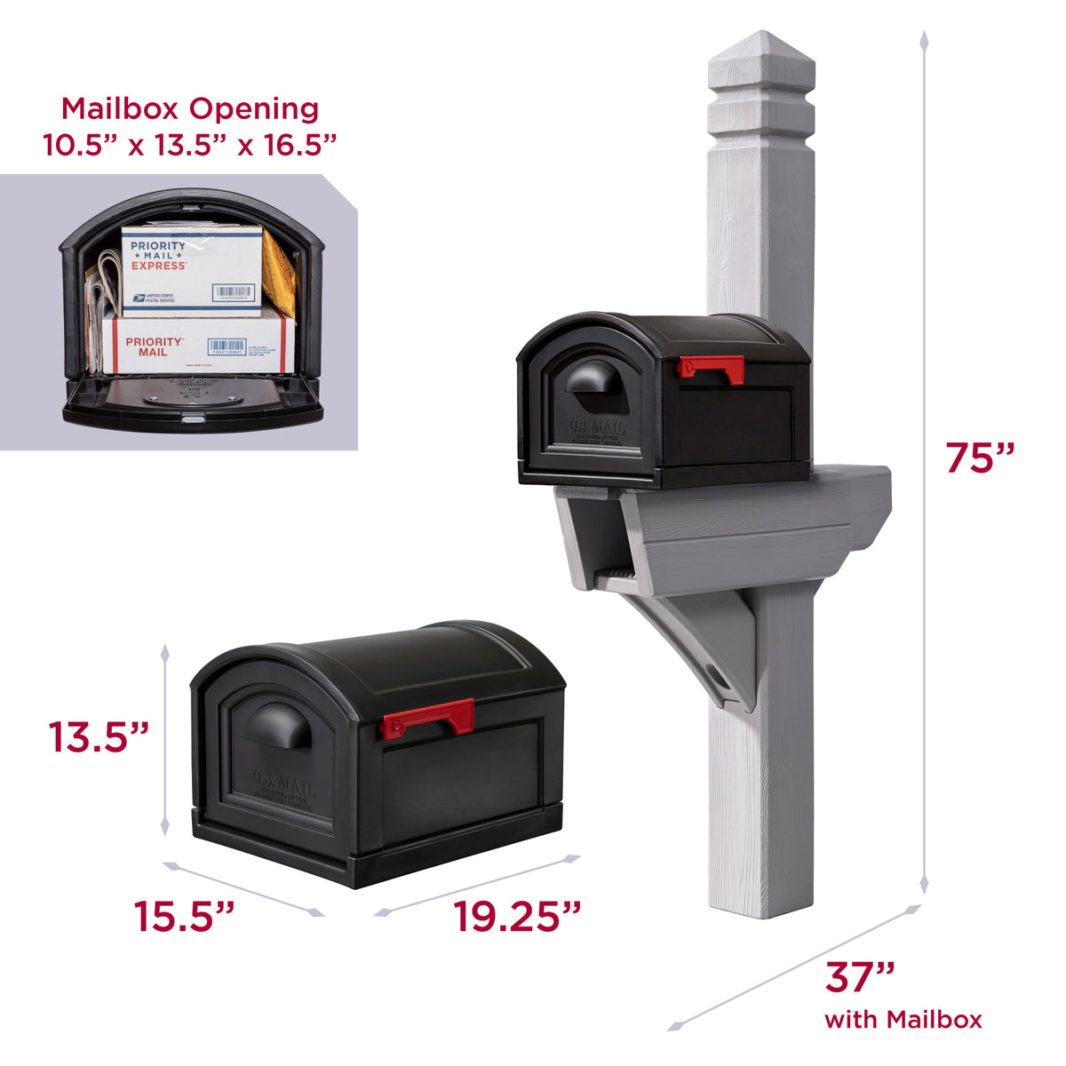 Highland Mail Post & XL Black Mailbox™ - Weathered Cedar dimensions