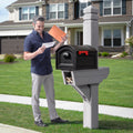 Highland Mail Post & XL Black Mailbox™ - Weathered Cedar retrieving mail