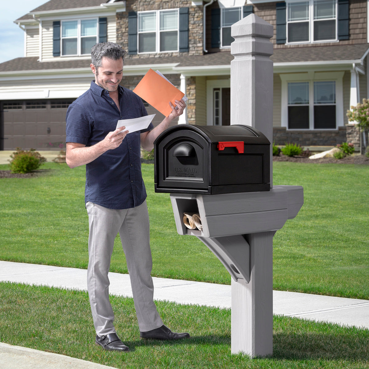 Highland Mail Post & XL Black Mailbox™ - Weathered Cedar retrieving mail