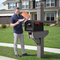 Highland Mail Post & XL Black Mailbox™ - Dark Cedar retrieving mail