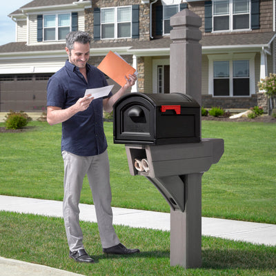Highland Mail Post & XL Black Mailbox™ - Dark Cedar retrieving mail