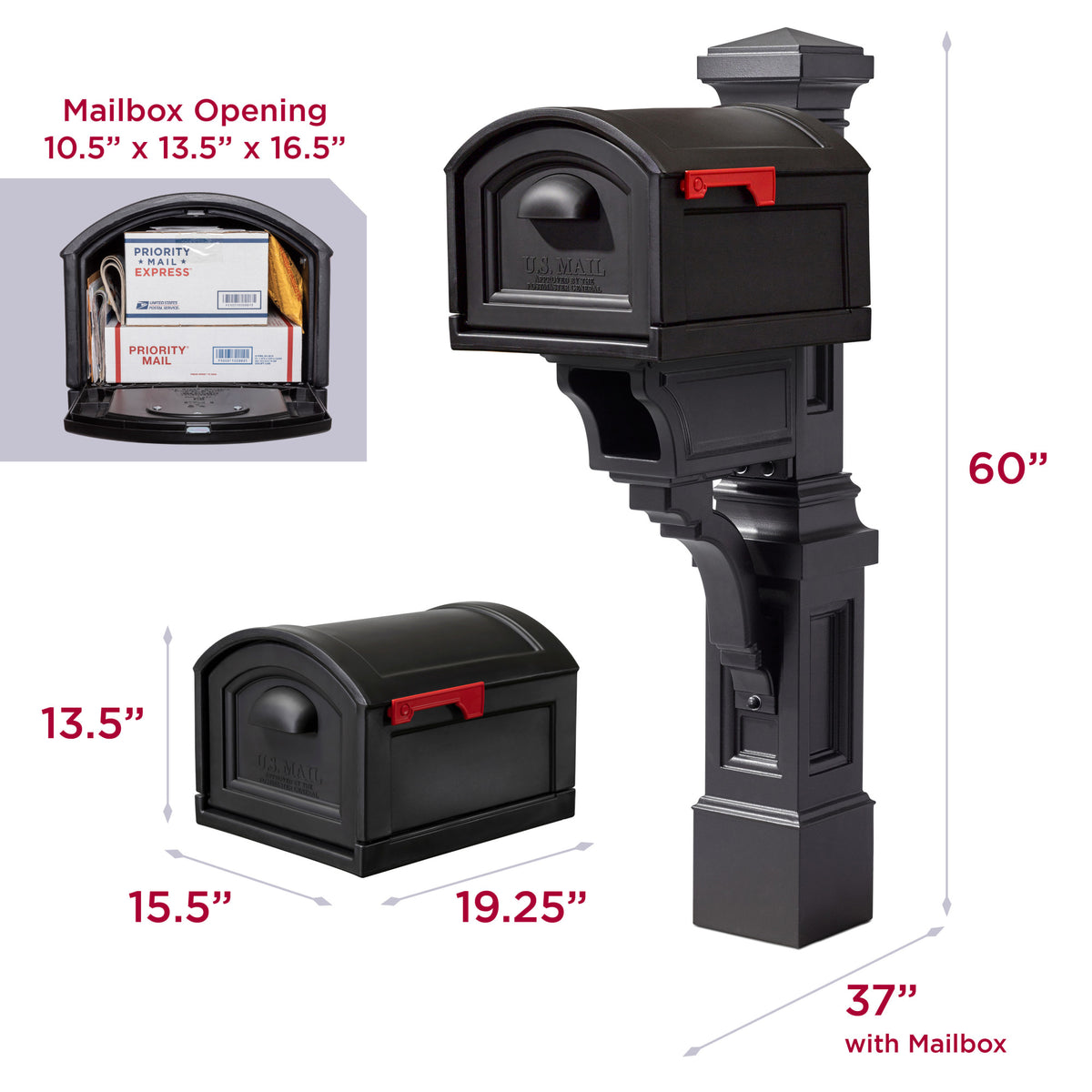 Atherton Mail Post & XL Mailbox™ - Onyx Black dimensions