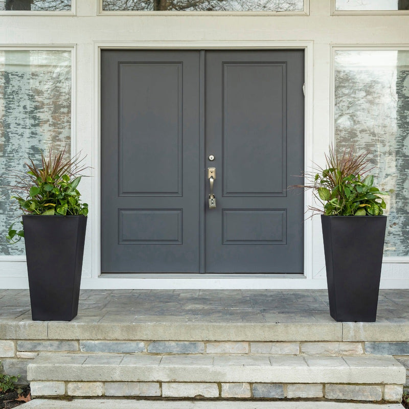 Tremont Tall Square Tapered Planter - Onyx Black  2 Pack by front entrance