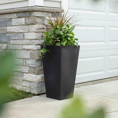 Tremont Tall Square Tapered Planter™ - Onyx Black with foliage