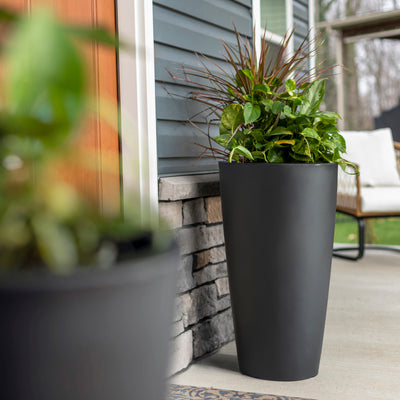 Tremont Tall Round Tapered Planter™ - Onyx Black 2 Pack with foliage