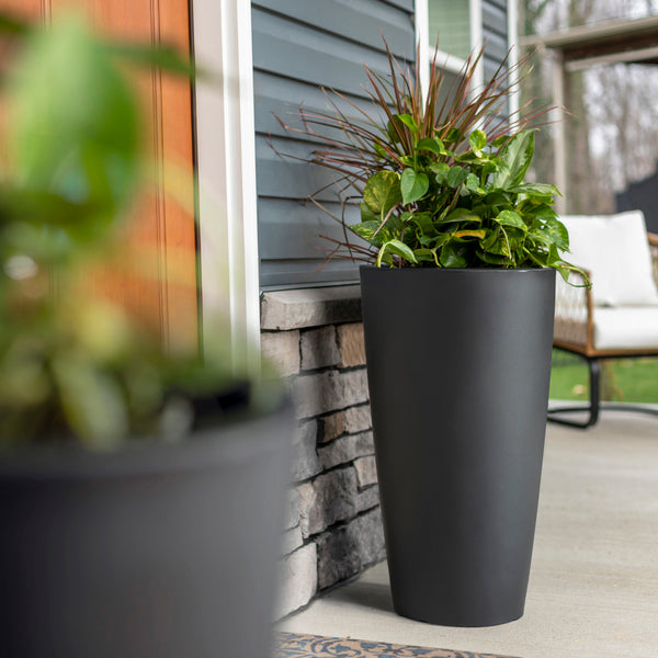 Tremont Tall Round Tapered Planter™ - Onyx Black 2 Pack with foliage