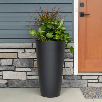 Tremont Tall Round Tapered Planter™ - Onyx Black with plants