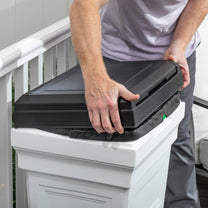 Atherton Trash Container™ - Classic White removing lid.
